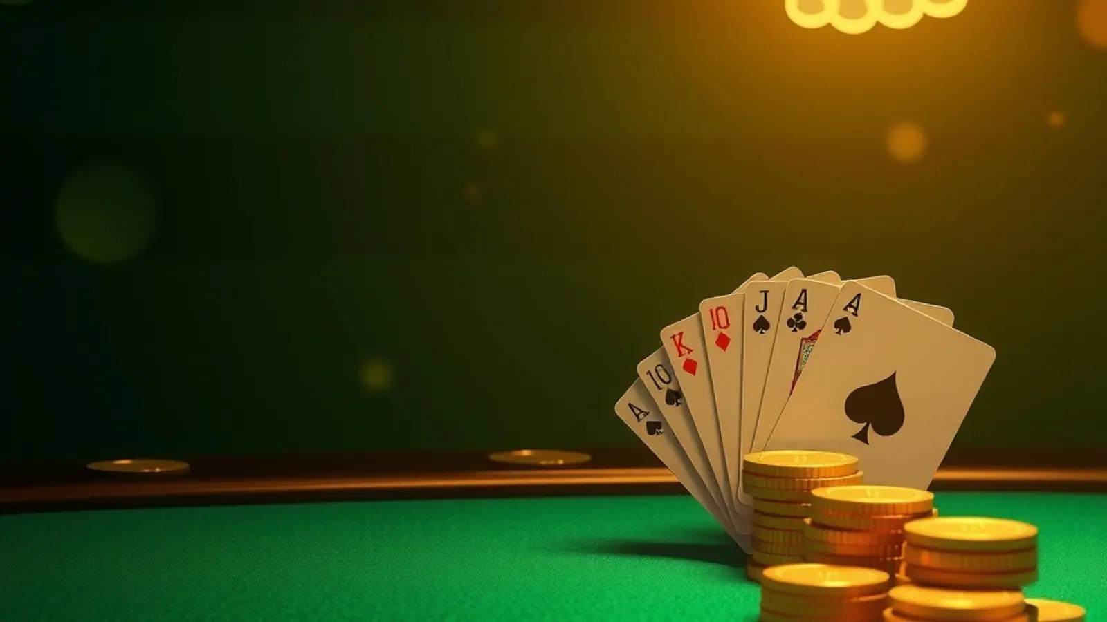 Good Rummy card table with a fanned rummy hand and stacked gold coins under a warm lamp