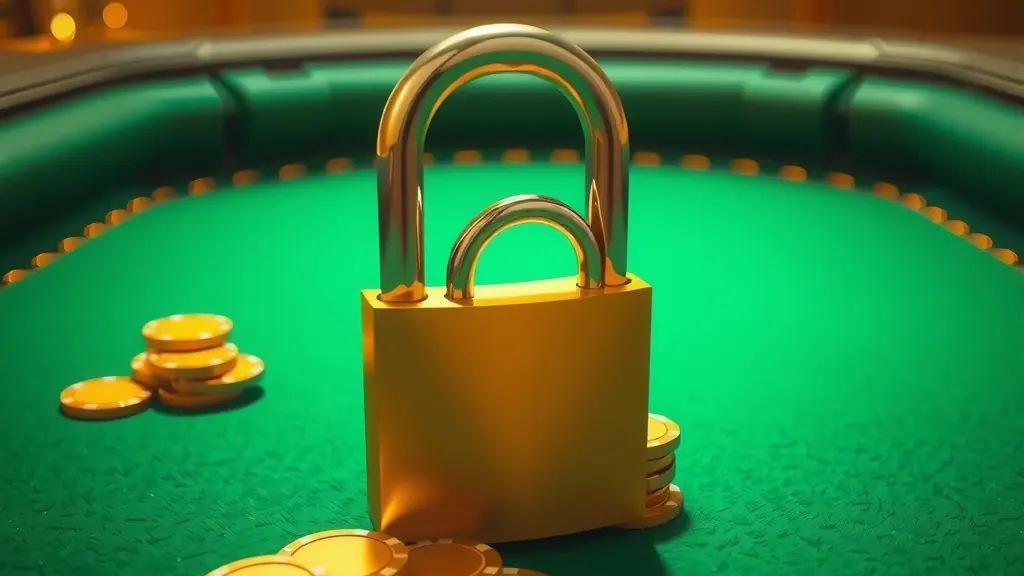 A polished gold padlock resting on green baize beside a stack of chips at Good Rummy